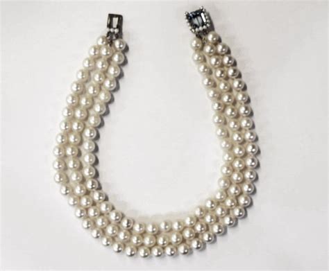 Vintage Triple Strand Cultured Pearl Necklace With Aquamarine Clasp
