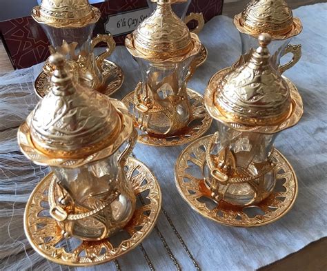 Turkish Tea Set Of 6 Copper Movable Holder Bowl Glass Cup Ottoman