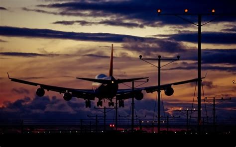 Wallpaper Plane Landing Clouds Night Airport Desktop Wallpaper