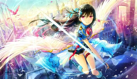 Pink Eyes Anime Anime Girls Wings Sword Weapon Black Hair Hd Wallpapers Desktop And
