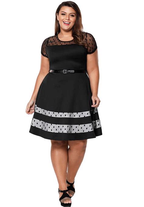 Womens Black Short Sleeve Plussize Mini Dress Dotted Stripe Block