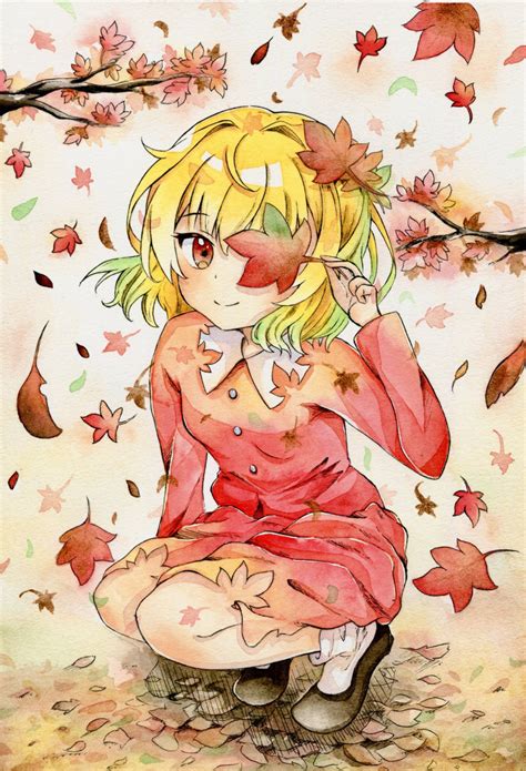 safebooru 1girl aki shizuha autumn autumn leaves blonde hair dress highres leaf looking at