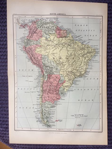 1875 South America Large Original Antique Map Cartography Geography