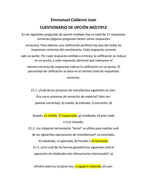 Cuestionario De Opci N Multiple Pg Emmanuel Calderon Juan