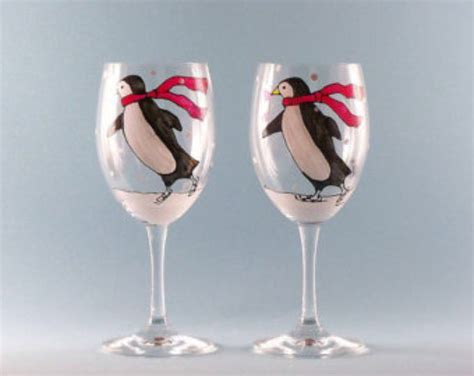 Hand Painted Penguin Wine Glasses Painted Winter Wine Glasses Set Of Painted Wine Glasses