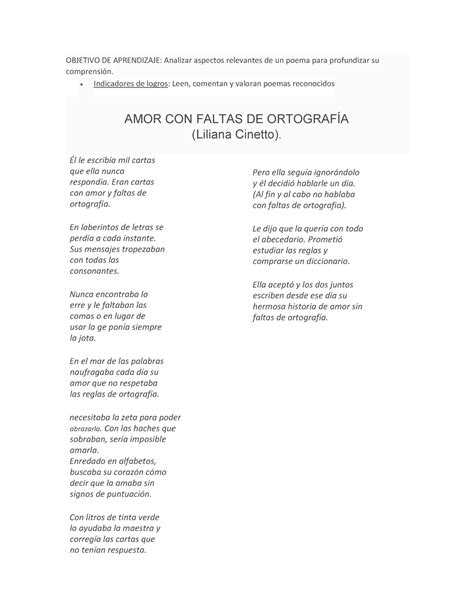 Análisis De La Poesía Amor Con Faltas De Ortografía De Liliana Cinetto