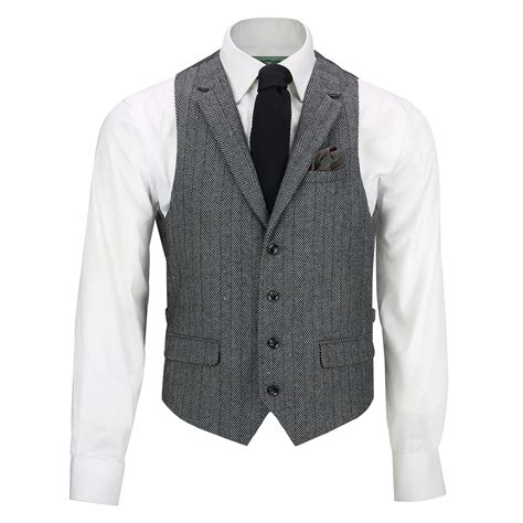 Mens Herringbone Tailored Fit Collar Waistcoat Vintage Retro 1920s