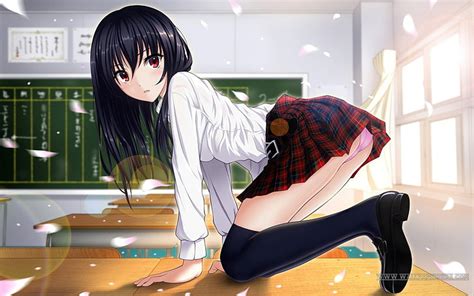 Hd Wallpaper Anime Girls Bent Over Dark Hair Looking At Viewer