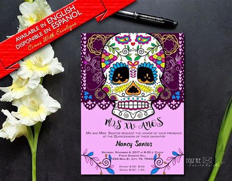 Day Of The Dead Quinceanera Invite Dia De Los Muertos Theme Etsy