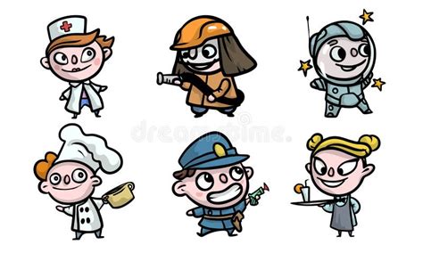 Boys And Girls In Costumes Playing Different Jobs Vector Illustration
