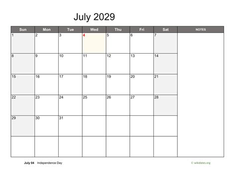 July 2029 Calendar With Notes