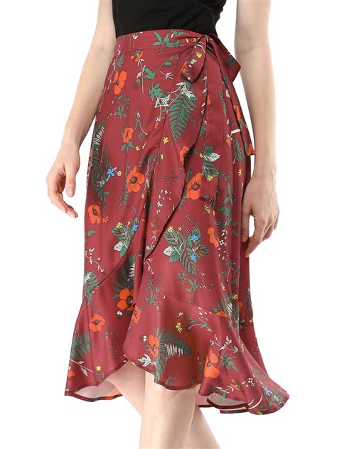 Womens Summer Boho Skirts Ruffle Flare Tie Waist High Low Floral Wrap Skirt Size M 10 Red