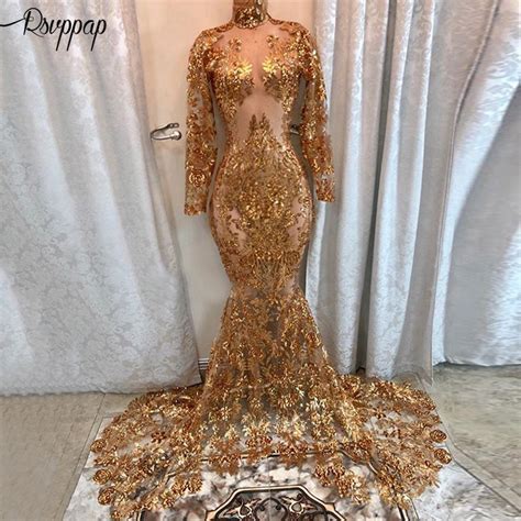 Long Sexy Prom Dresses 2019 See Through High Neck Long Sleeve Gold