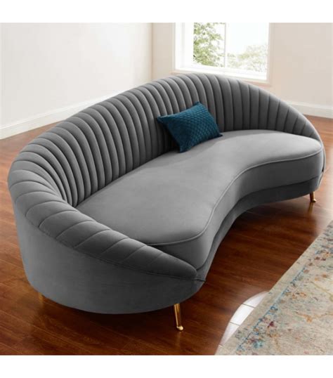 Grey Velvet Channel Tufted Back Curved Asymmetrical Sofa