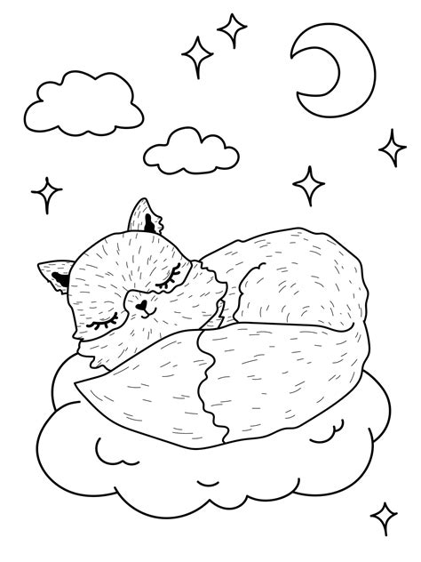 Premium Vector Cute Cartoon Fox Sleeping In The Clouds Coloring Book