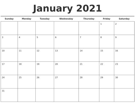 January 2021 Free Calendar Template