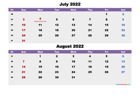 Calendar For July And August 2022 Word Pdf