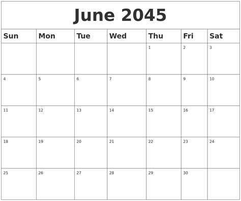 June 2045 Blank Calendar