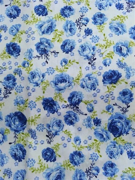 Blue Roses Fabric Floral Fabric Blue Green White From