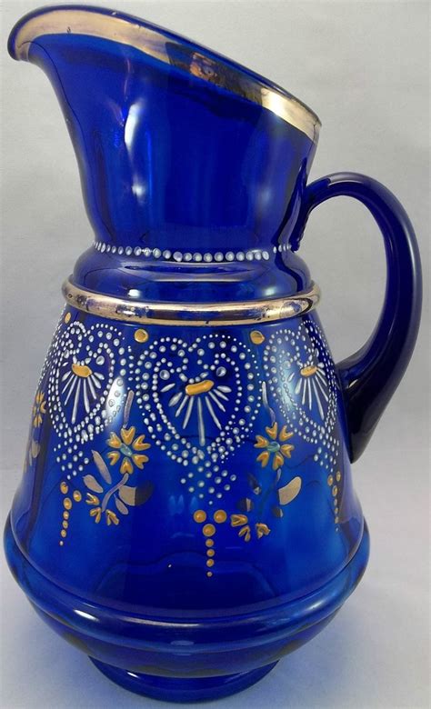 Antique Cobalt Blue Hand Painted Pitcher Cobalt Blue Glass Love