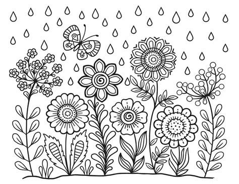 Flower Garden With Rain In Spring Coloring Page Download Print Or