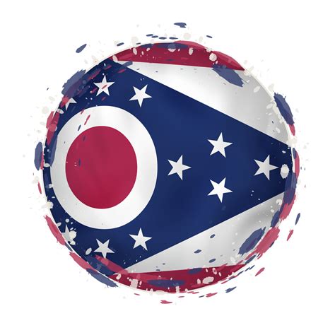 Round Grunge Flag Of Ohio Us State With Splashes In Flag Color
