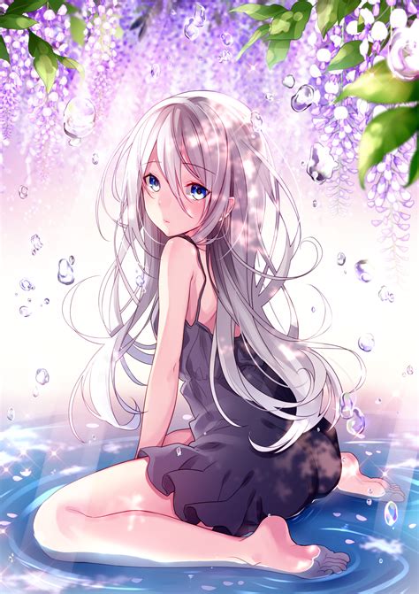 Wallpaper Anime Girls Barefoot Long Hair Purple Hair Blue Eyes Feet Legs Water