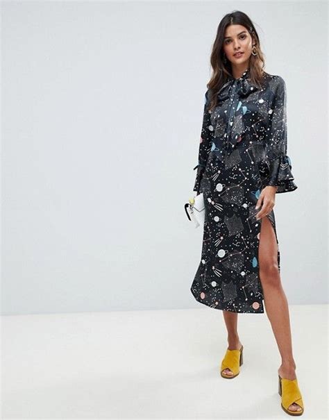 Asos Design Asos Design Star And Moon Print Maxi Dress With Fluted