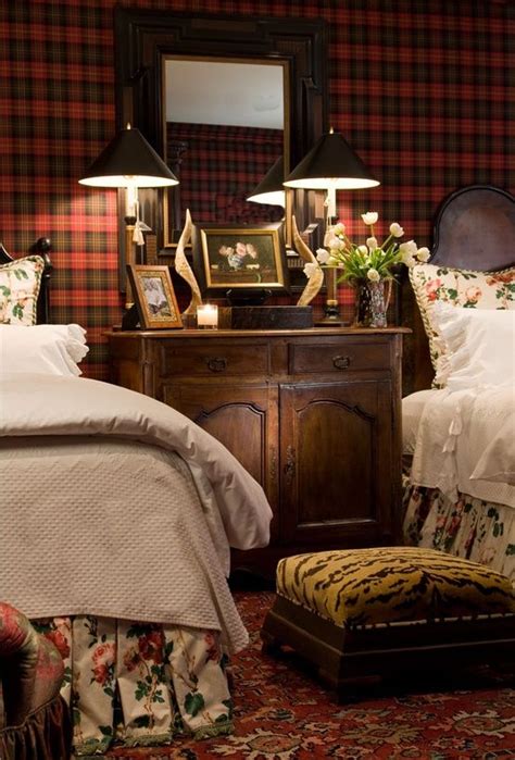 An English Gentlemans Guest Bedroom Features Wool Tartan Plaid