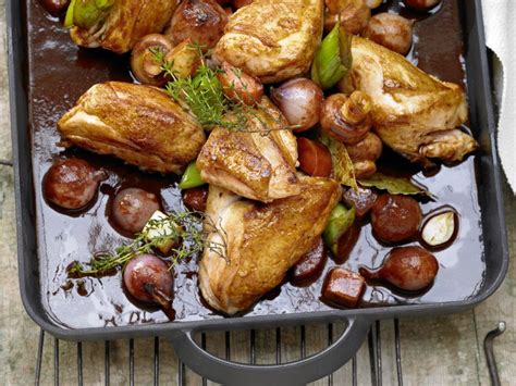 Braised Chicken In Red Wine With Shallots Mushrooms And Herbs Recipe