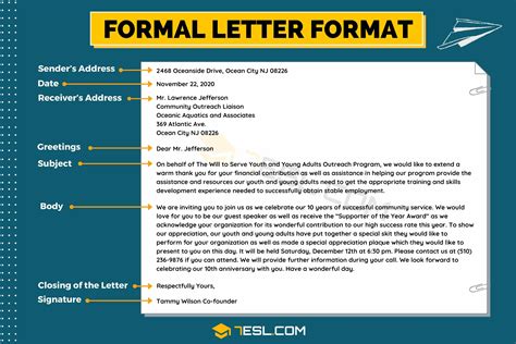 Format of a formal letter includes: Formal Letter Format: Useful Example and Writing Tips • 7ESL