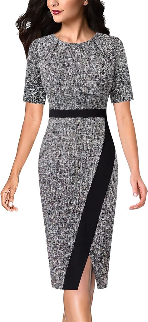 Vfshow Womens Pleated Crew Neck Patchwork Work Business Office Bodycon