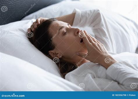 Woman Woke Up Lying In Bed Yawn Feels Tired Stock Photo Image Of