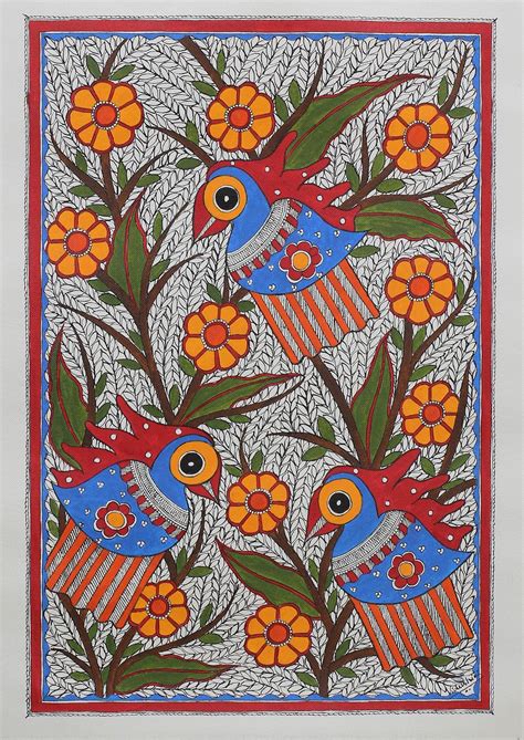 Traditional Indian Madhubani Painting Of Parrots And Birds Jovial