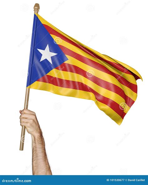 Hand Proudly Waving The Independence Flag Of Catalonia Isolated On A