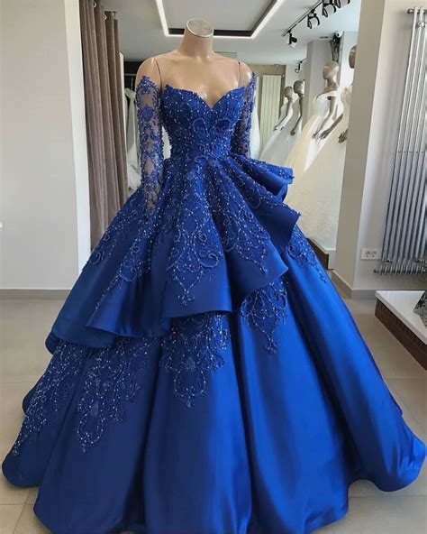 Royal Blue Satin Strapless Long Sleeve Beaded V Neck Prom Dress Ball