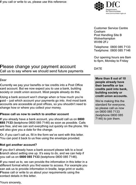 I am writing this letter to request a change of bank account in your records. Department confirms validity of payment account letter to claimants | Department for Communities