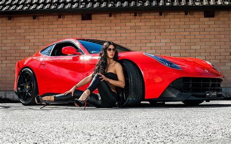 Wallpaper Brunette High Heels Women With Cars Red Cars Super Car