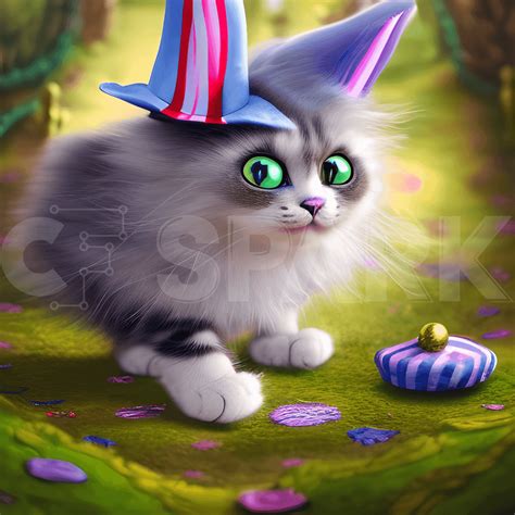 Whimsical Ultra Cute Fluffy Devious Looking Cat Madhatter Alice In Wonderland Style Fairytale