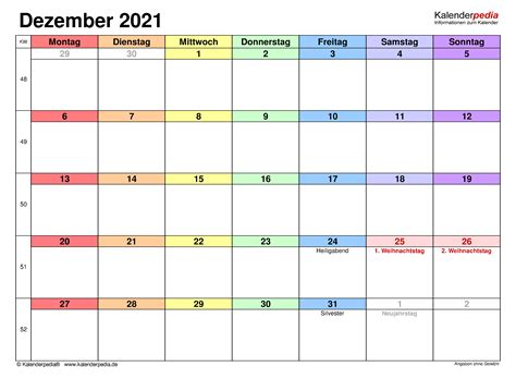 Kalender Dezember 2021 Als Excel Vorlagen
