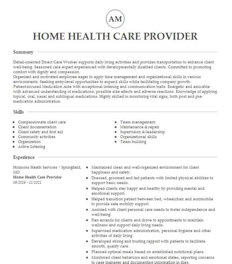Home Health Care Provider Resume Example