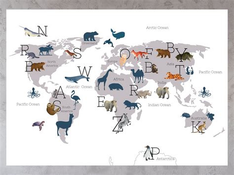 Animal World Map Print Educational Wall Art For Children Etsy