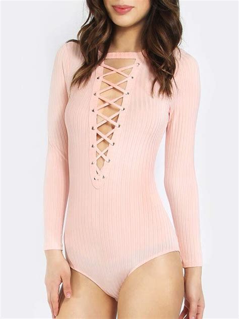 Pink Long Sleeve Lace Up Front Bodysuit Sheinsheinside