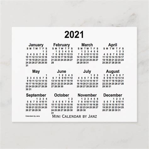 2021 White Mini Calendar By Janz Postcard Zazzle