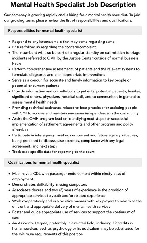 Mental Health Specialist Job Description Velvet Jobs