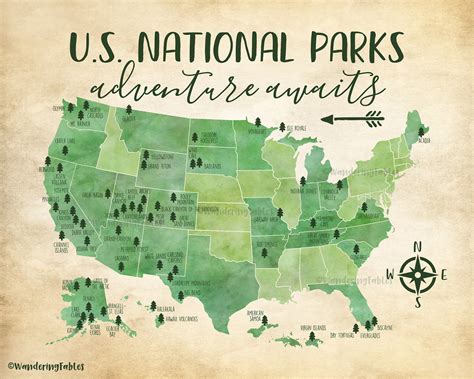 Us National Parks Map Adventure Mountains Parks Rivers Etsy