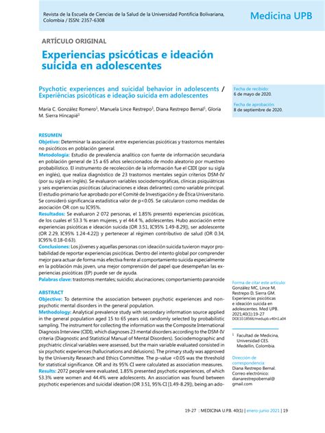 Pdf Experiencias Psicóticas E Ideación Suicida En Adolescentes
