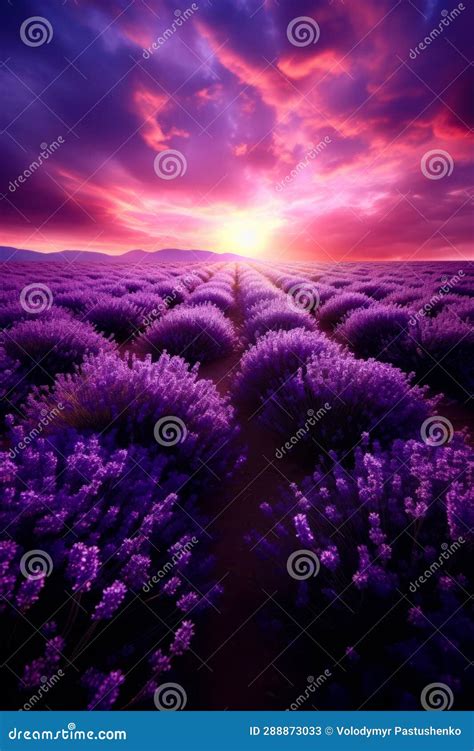 Field Of Lavender Flowers With Sunset In The Background Generative Ai