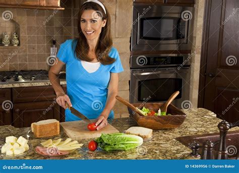 Attractive Woman Making Sandwiches In Home Kitch Stock Photo Image Of Healthy Brunette