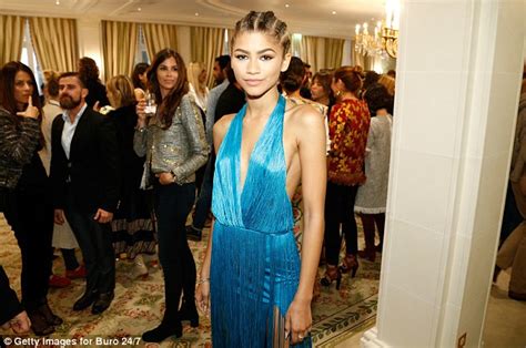 Zendaya Displays Her Slim Figure In Low Cut Turquoise Fringed Dress In Paris Daily Mail Online